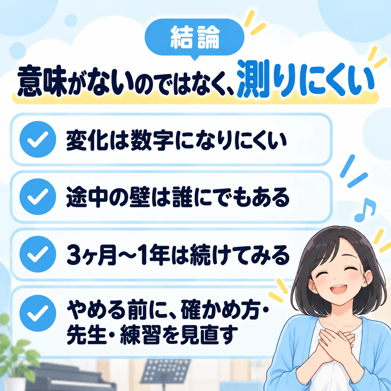 結論：ボイトレは意味がないのではなく、変化が測りにくい。途中の壁は誰にでもあり、3ヶ月〜1年は続け、やめる前に確かめ方・先生・練習を見直す