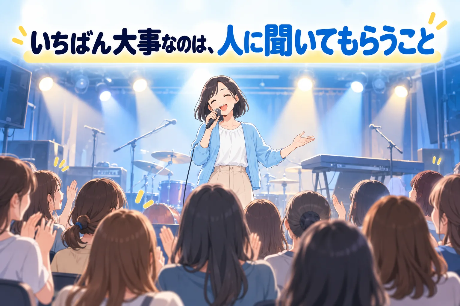 ボイトレで上手くなったかを知るには、人に聞いてもらうことがいちばん大事（ライブで多くの人に聞いてもらっているイラスト）