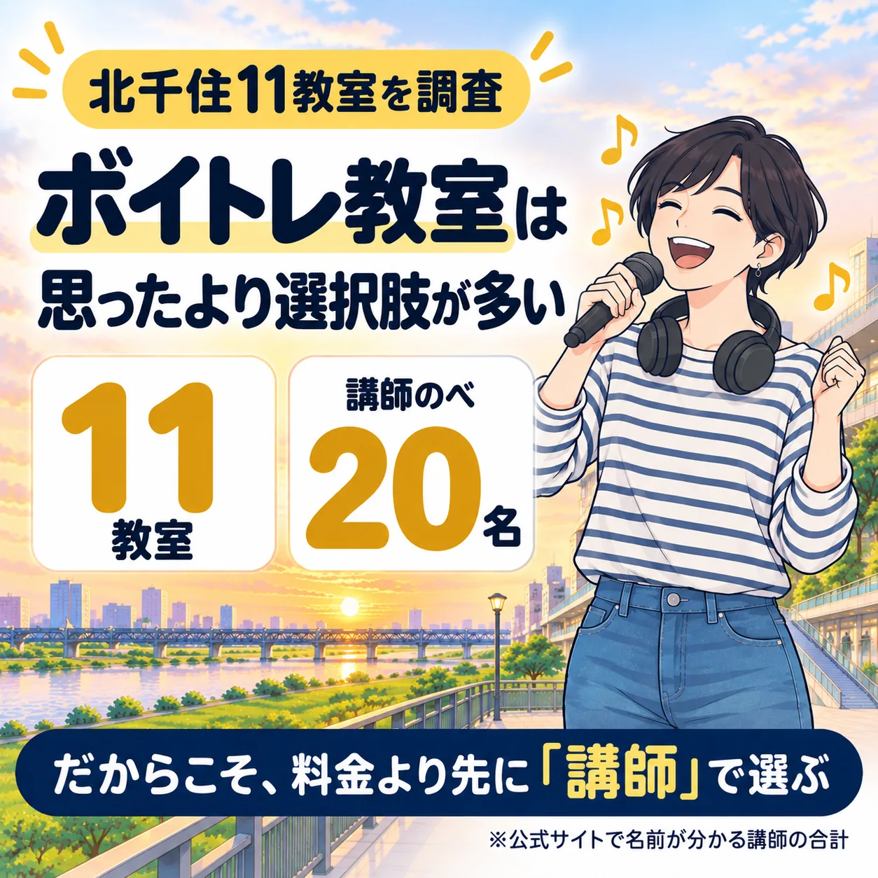 北千住のボイトレ教室は11件、公式サイトで名前が分かる講師はのべ20名