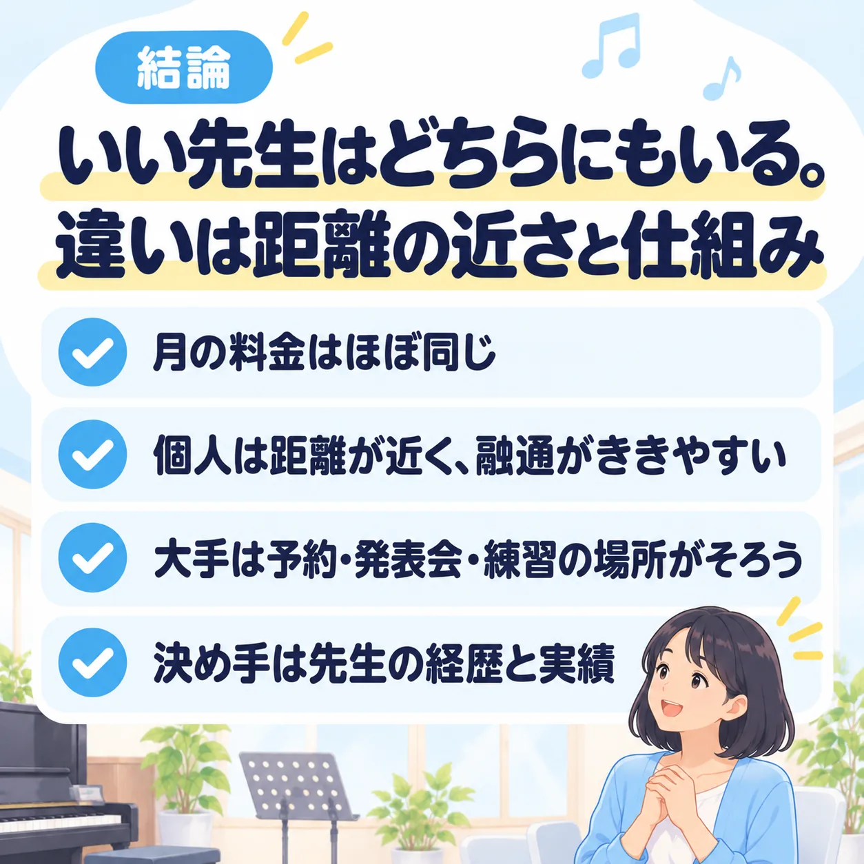 結論:いい先生は個人の教室にも大手にもいる。違いは距離の近さと仕組み。月の料金はほぼ同じで、決め手は先生の経歴と実績