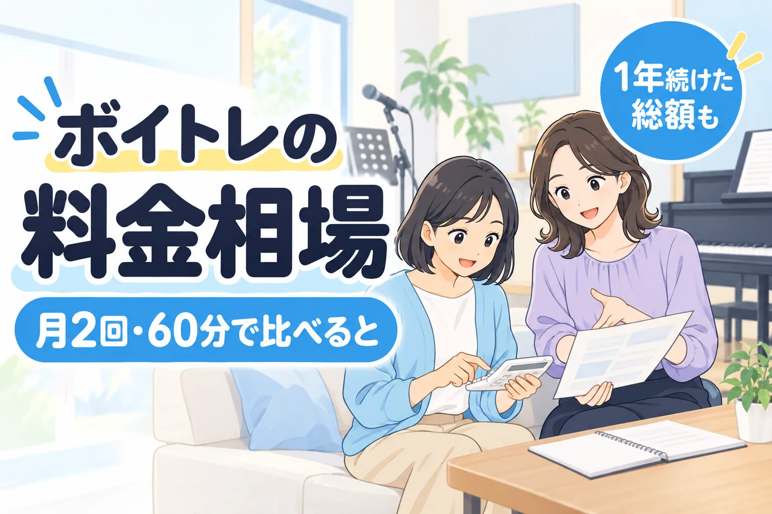 ボイトレの料金相場：月2回・60分で比べると、1年続けた総額も