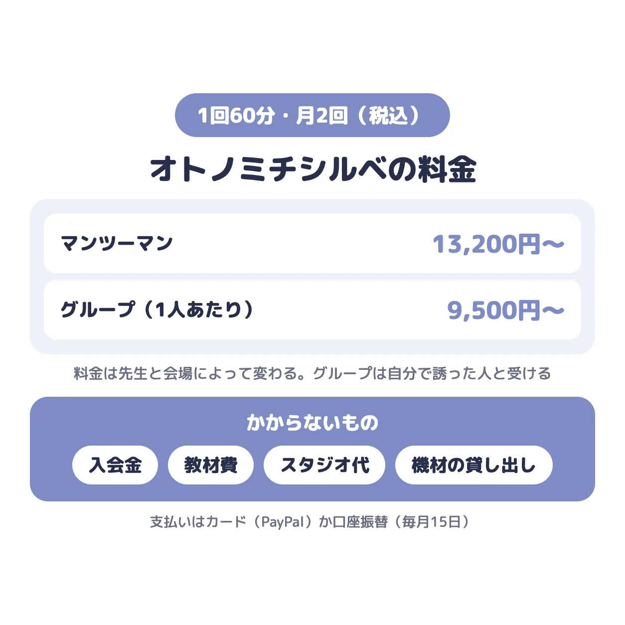 オトノミチシルベの料金。1回60分・月2回でマンツーマン13,200円〜、グループ1人あたり9,500円〜。入会金・教材費・スタジオ代はかからない