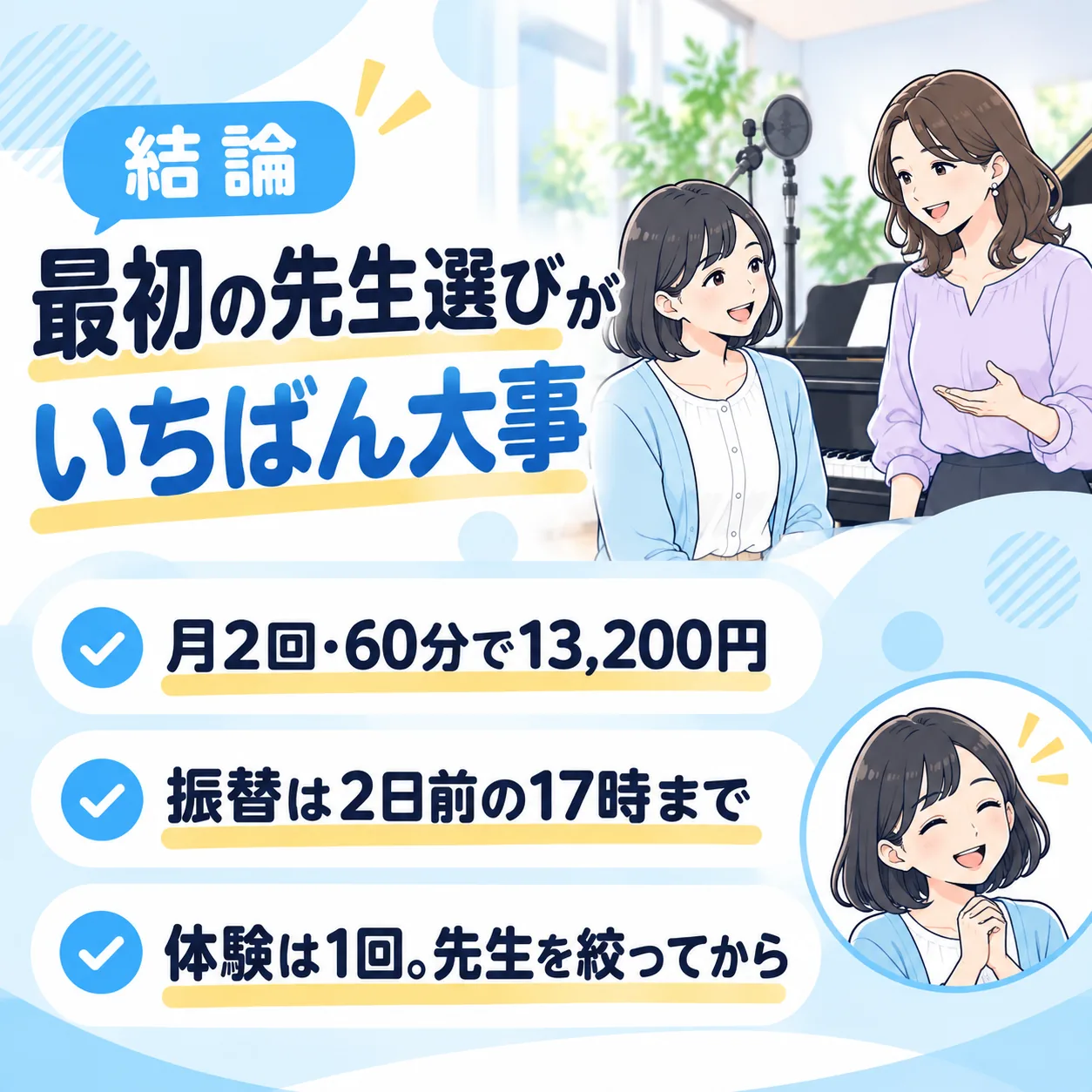 結論:最初の先生選びがいちばん大事。月2回・60分で13,200円、振替は2日前の17時まで、体験は1回なので先生を絞ってから行く